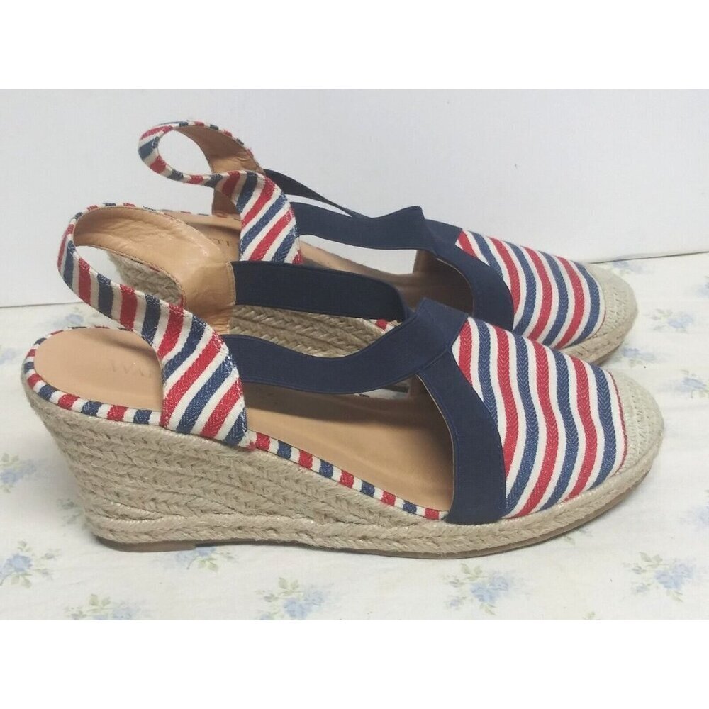 Wanted Essex Espadrille Sandals Blue Red Stripe Wedge Sling Back womens Sz 10